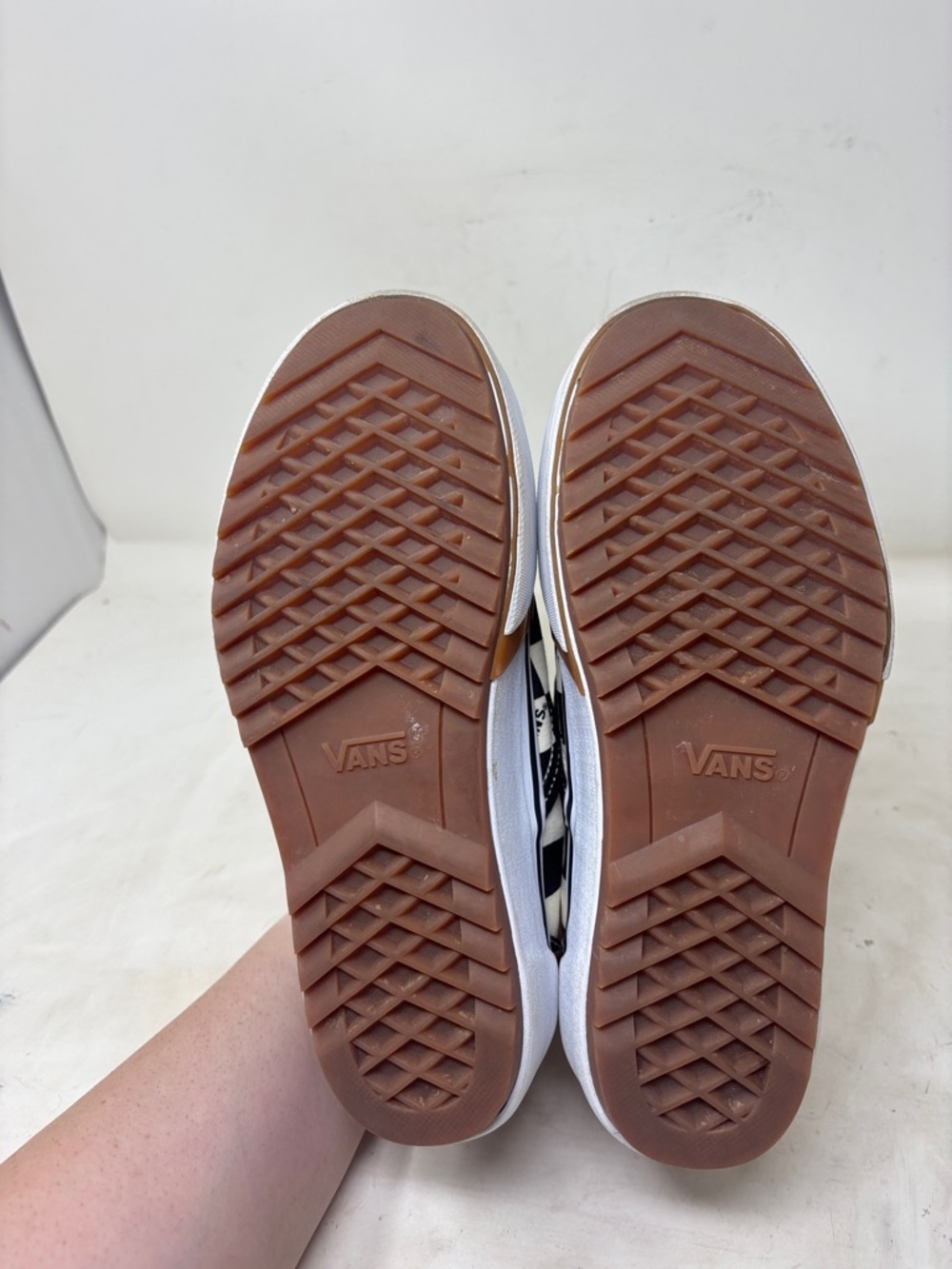 Vans Checkerboard Platform Slip-On Sneakers - Black, White & Brown Trim - Picture 6 of 9